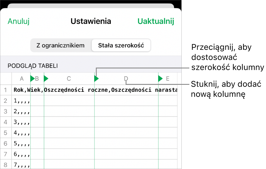 Ustawienia importowania pliku tekstowego o stałej szerokości.