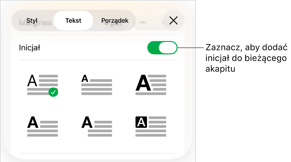 Narzędzia inicjału znajdujące się w menu Tekst.