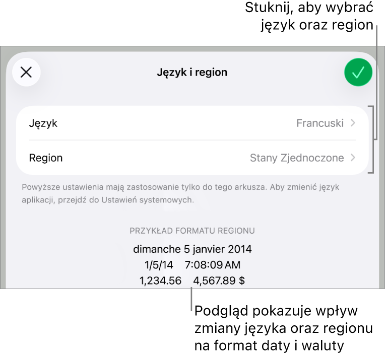 Panel Język i region z narzędziami do ustawień języka i regionu, a także przykład formatu zawierający datę, czas, liczbę dziesiętną oraz walutę.