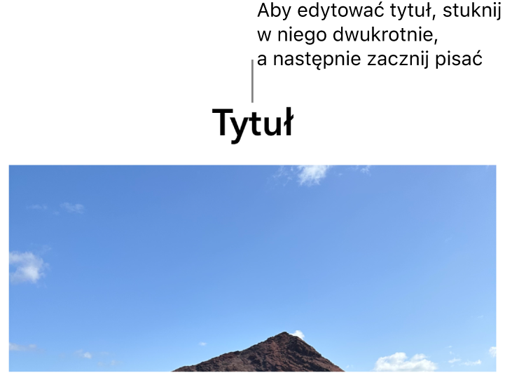 Tytuł zastępczy o treści „Tytuł” widoczny powyżej zdjęcia. Niebieska ramka wokół pola tytułu wskazuje, że jest on zaznaczony.