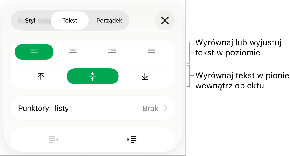 Sekcja Makieta na pasku bocznym Format z opisami wskazującymi przyciski wyrównania i odstępów tekstu.