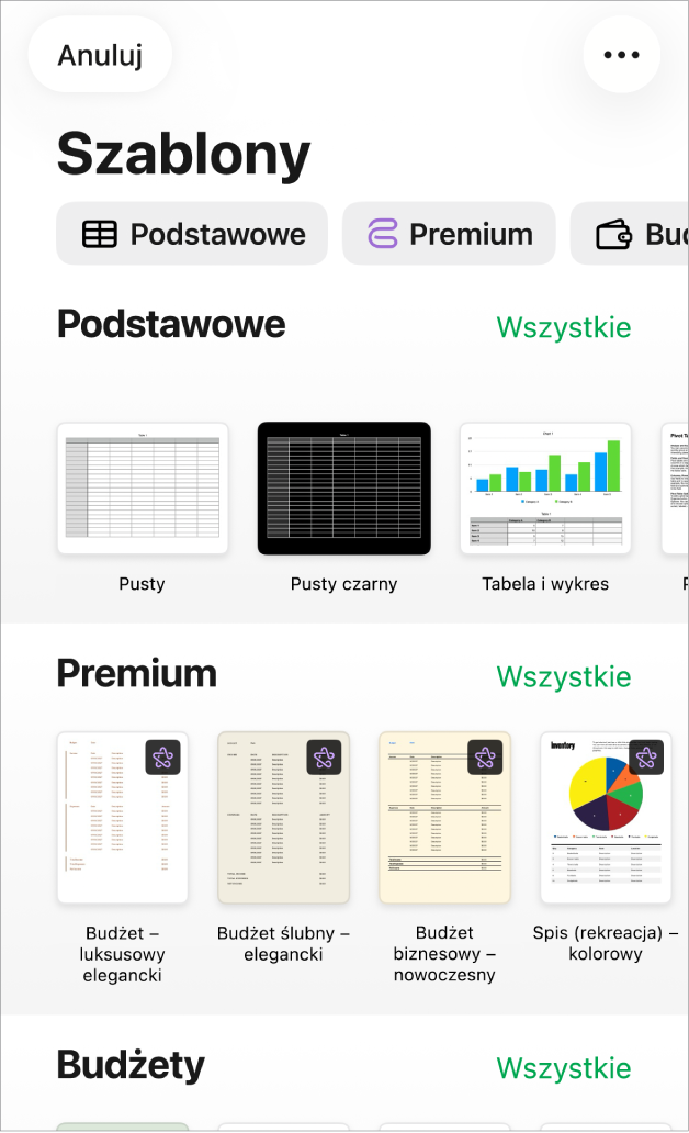 Paleta szablonów z widocznym na górze wierszem kategorii, w które możesz stuknąć, aby filtrować dostępne szablony. Poniżej widoczne są miniaturki gotowych szablonów uporządkowane wierszami według kategorii.