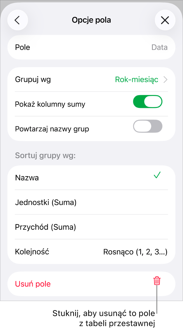 Menu Opcje pola pokazujące narzędzia grupowania i sortowania danych, a także opcja usuwania pola.