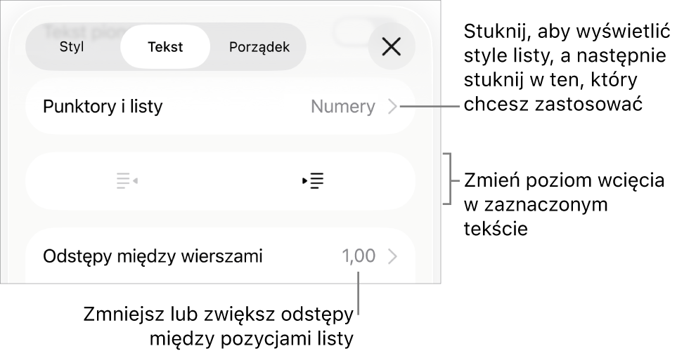 Sekcja Punktory i listy w narzędziach Format. Objaśnienia wskazują przyciski Punktory i listy, Wysunięcie oraz Wcięcie, a także narzędzia odstępów między wierszami.