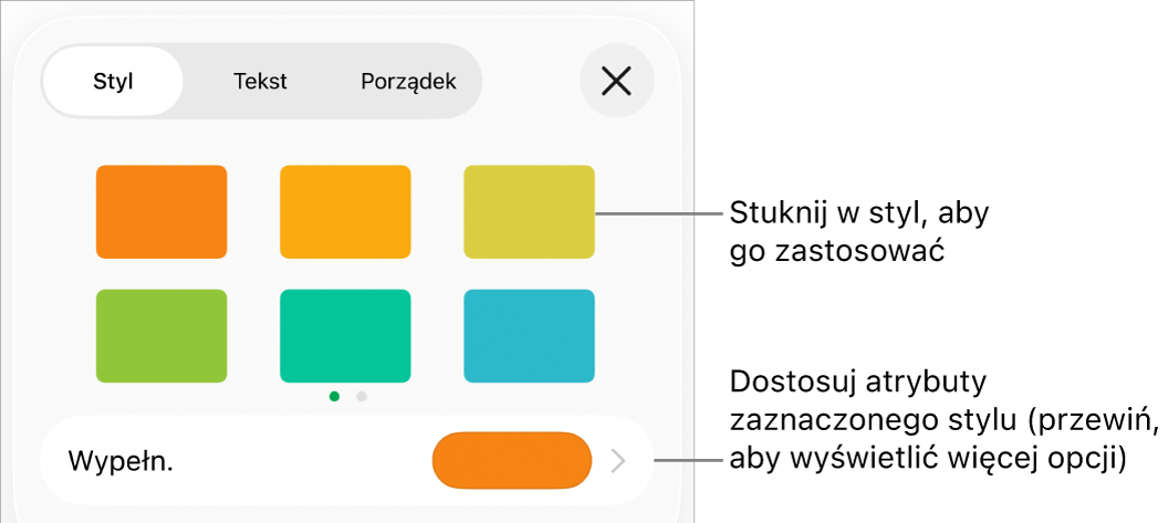 Karta Styl w menu Format, zawierająca na górze style kształtów, a poniżej pole koloru wypełnienia.