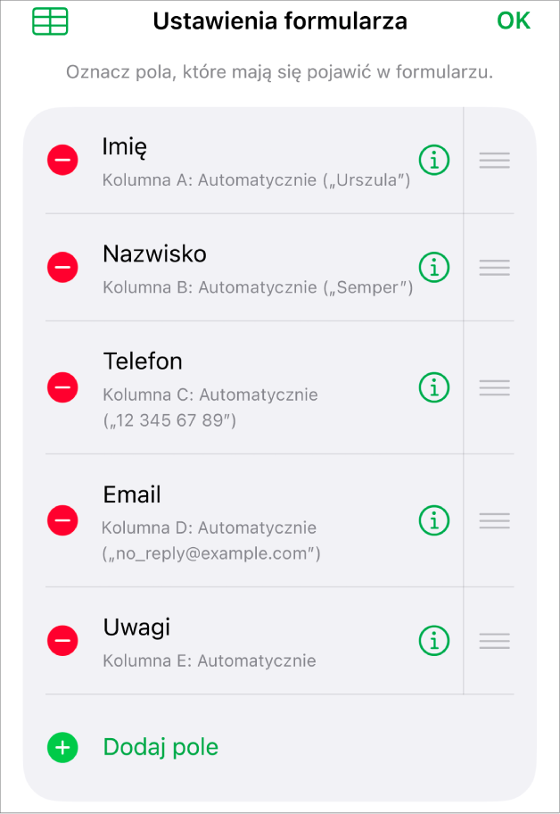 Narzędzia do konfigurowania formularza. Widoczne są opcje dodawania, edycji, zmiany kolejności i usuwania pól, a także zmiany formatu pól (np. z Tekst na Procent).