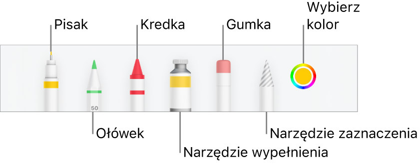 Pasek narzędzi rysowania w Numbers na iPhonie: pisak, ołówek, kredka, wypełnianie, gumka i zaznaczanie. Oprócz nich widoczna jest także paleta kolorów, zawierająca bieżący kolor.