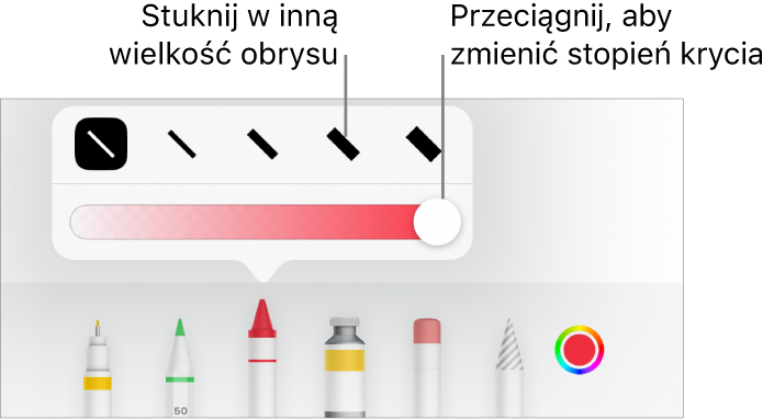 Narzędzia do ustawiania grubości kreski oraz suwak do ustawiania stopnia krycia.
