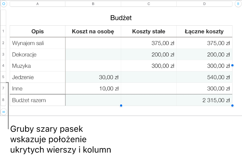 Gruby szary pasek wskazujący ukryte wiersze i kolumny