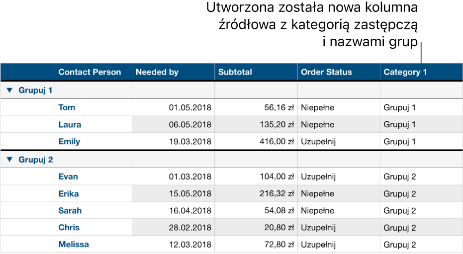 Tabela z kategoriami oraz nazwami zastępczymi kategorii i grup.