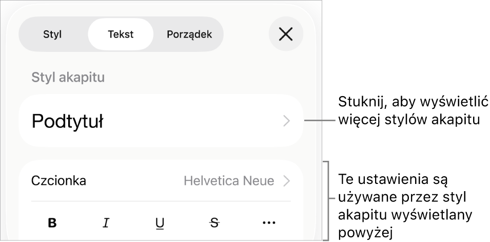 Menu Format z narzędziami tekstu pozwalającymi na ustawianie stylów akapitu, stylów znaków, czcionki, wielkości oraz koloru.