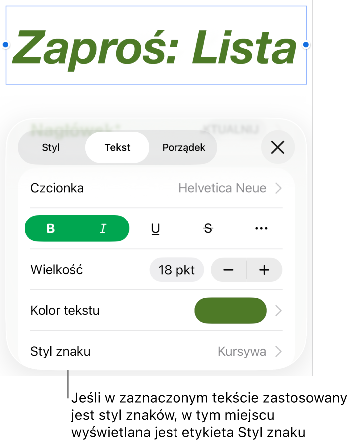 Narzędzia formatowania tekstu oraz menu stylów znaków widoczne poniżej narzędzi koloru. Styl znaków Brak wyświetlany jest z gwiazdką.
