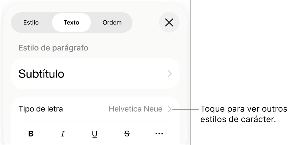 Os controlos de "Formatação” com estilos de parágrafo na parte superior e depois os controlos de tipo de letra. Sob “Tipo de letra” encontram-se os botões “Negrito”, “Itálico”, “Sublinhado”, “Riscado” e “Mais opções de texto”.