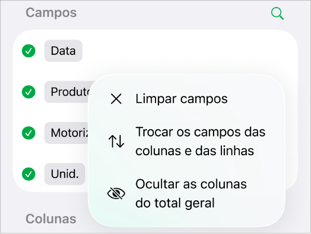 O menu "Mais opções do campo”, a mostrar os controlos que permitem ocultar os totais gerais, trocar os campos das colunas e das linhas e limpar campos.