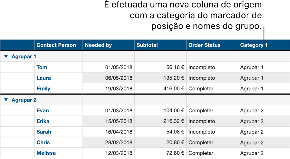 Uma tabela categorizada com marcadores de posição de nome para a categoria e grupos.