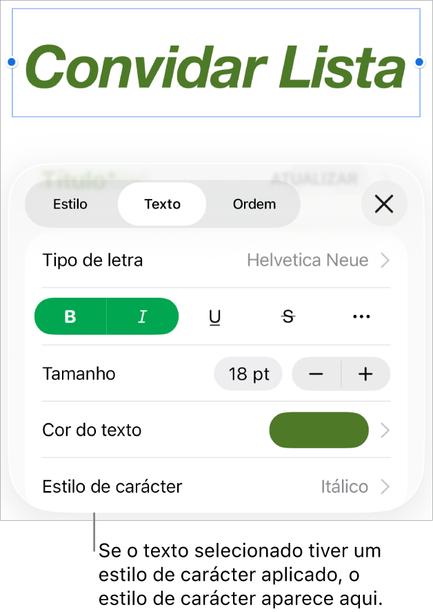 Os controlos de formatação de “Texto” com o “Estilo de carácter” por baixo dos controlos de cor. O estilo de carácter “Nenhum” aparece com um asterisco.