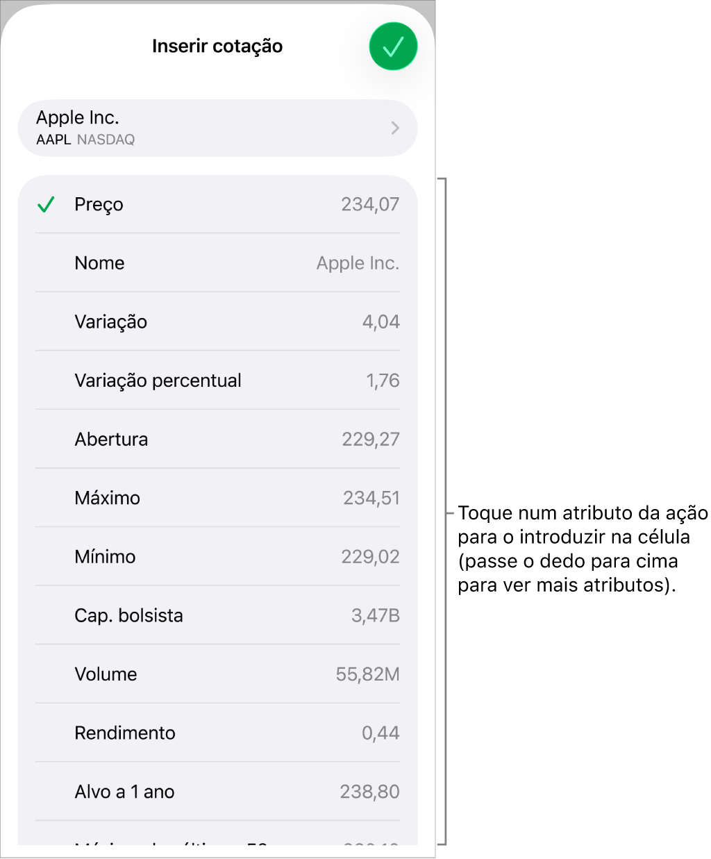 O pop-over de cotação, com o nome do título na parte superior e atributos do título selecionáveis, incluindo o preço, o nome, a variação, a variação percentual e a abertura apresentados abaixo.