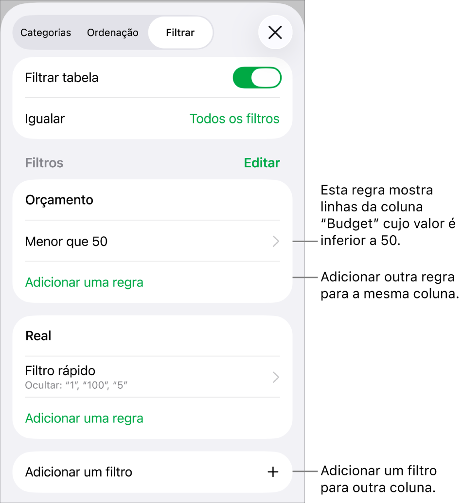 Controlos para adicionar novas regras de filtragem ou edição de regras existentes.