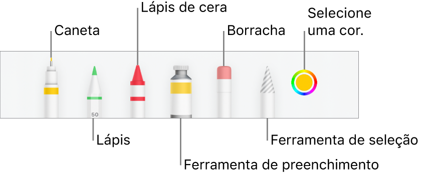 As barra de ferramentas de desenho no Numbers no iPhone com uma caneta, lápis, lápis de cera, ferramenta de preenchimento, borracha, ferramenta de seleção e o seletor de cores a apresentar a cor atual.