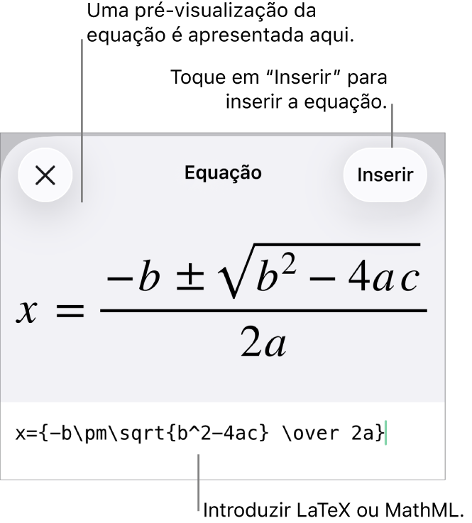 A caixa de diálogo “Equação”, apresentando uma equação escrita com recurso aos comandos MathML e uma pré-visualização da fórmula em cima.