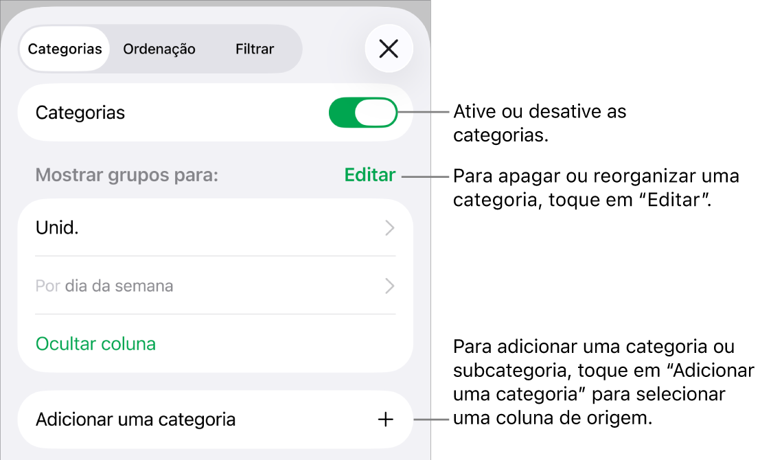 O menu "Categorias” para iPhone com opções para desativar as categorias, apagar categorias, reagrupar dados, ocultar uma coluna de origem e adicionar categorias.