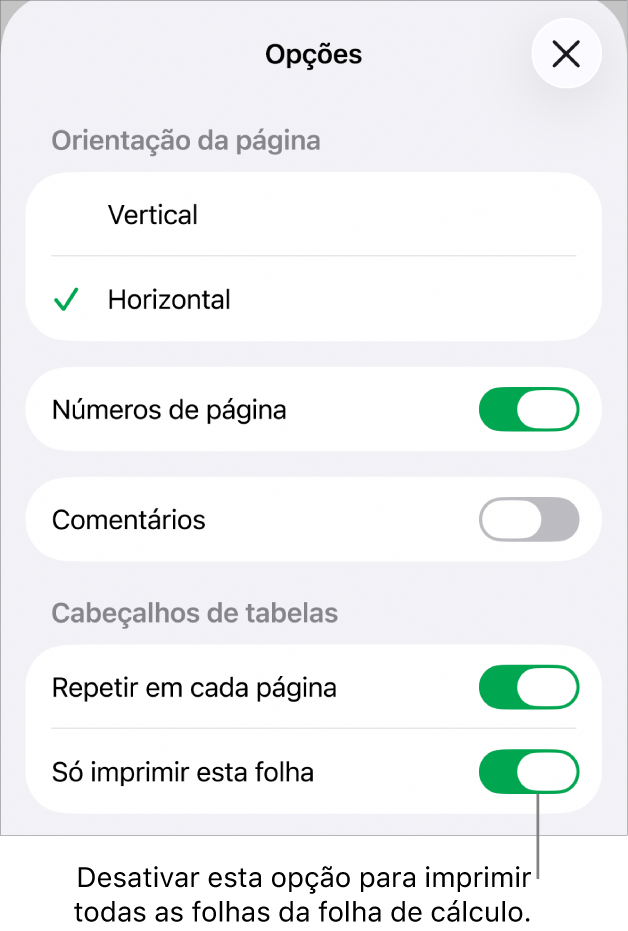Opções de impressão para escolher orientação da página, mostrar os números de página e cabeçalhos, e escolher o tamanho do papel e as páginas a imprimir.