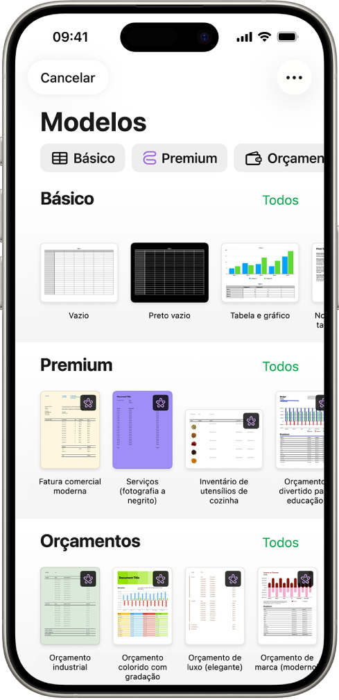 A lista de modelos com uma linha de categorias visível na parte superior, na qual é possível tocar para filtrar as opções. Por baixo estão visíveis miniaturas de modelos preconcebidos organizados em linhas por categoria, que começam por "Recentes” na parte superior e “Básico” e “Finanças pessoais” posteriormente. Surge um botão "Ver tudo” por cima e à direita de cada linha da categoria. O botão “Idioma e região” no canto superior direito.