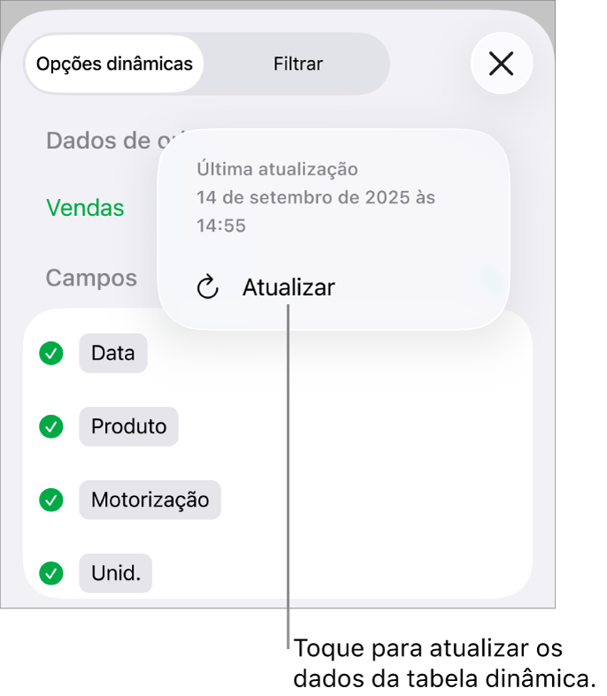 O menu "Opções dinâmicas” a mostrar a opção de atualizar a tabela dinâmica.