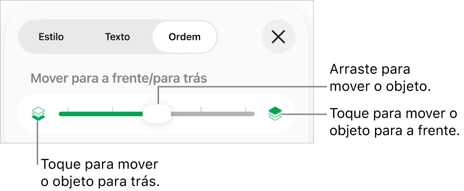 O botão “Mover para trás”, o botão “Mover para a frente” e o nivelador da camada.