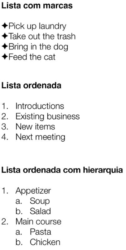 Exemplos de listas com marcas, ordenadas e ordenadas com hierarquia.