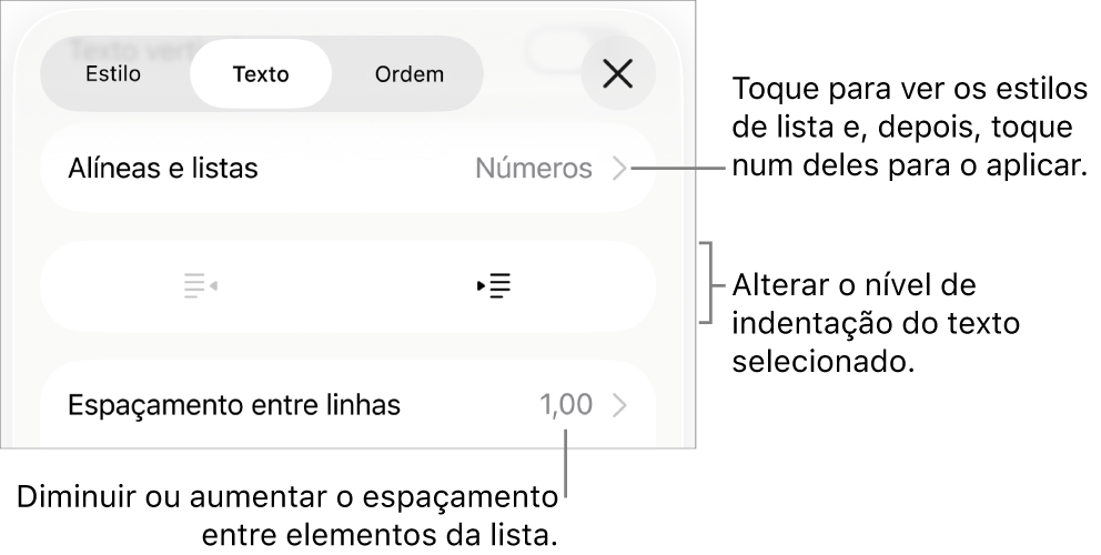 A secção “Marcas e listas” dos controlos de “Formatação” com chamadas para “Marcas e listas”, botões de remover indentação e de indentação e controlos de espaçamento.