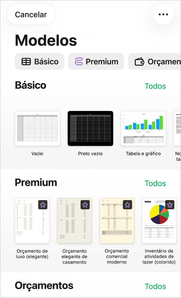 A lista de modelos com uma linha de categorias visível na parte superior, na qual é possível tocar para filtrar as opções. Por baixo encontram-se as miniaturas de modelos preconcebidos organizados em linhas por categoria.