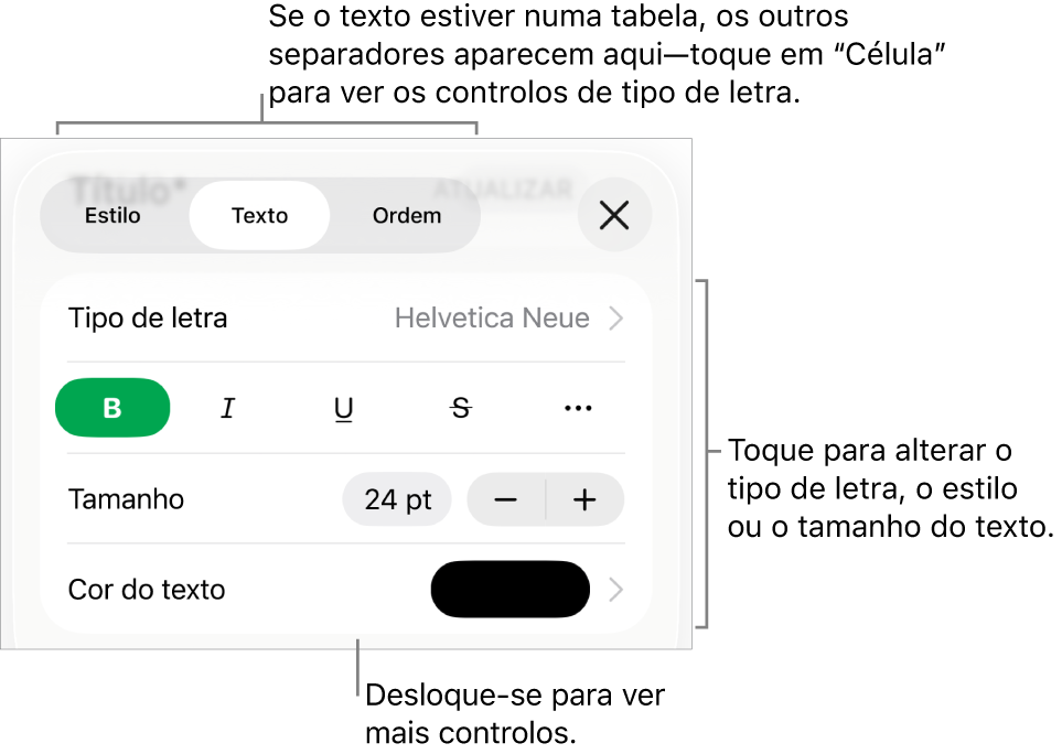 Controlos de texto no menu "Formatação” para definir estilos de parágrafo e carácter, tipo de letra, tamanho e cor.