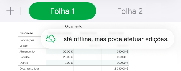 Os botões na parte superior do ecrã, com o botão “Colaboração” alterado para uma nuvem com uma linha diagonal por cima. Um aviso no ecrã indica que “Está offline, mas pode efetuar edições.”
