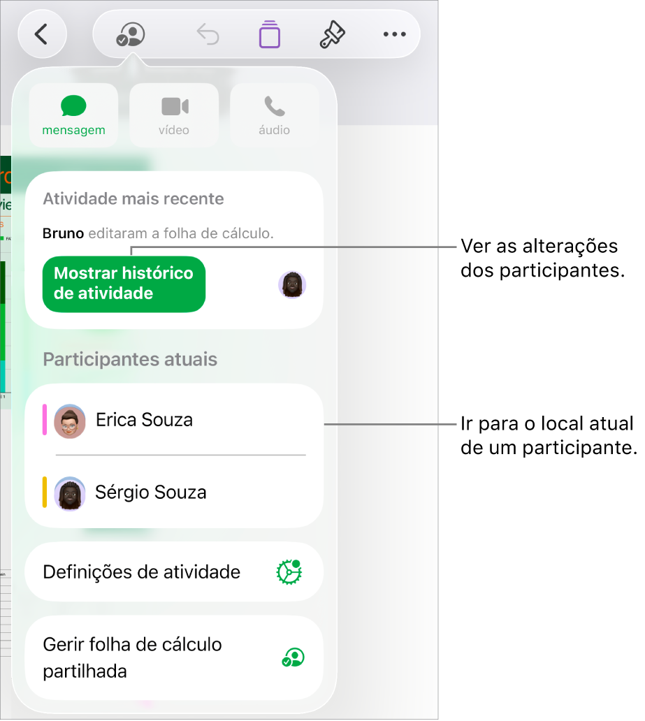 O menu de colaboração com os participantes atuais listados.