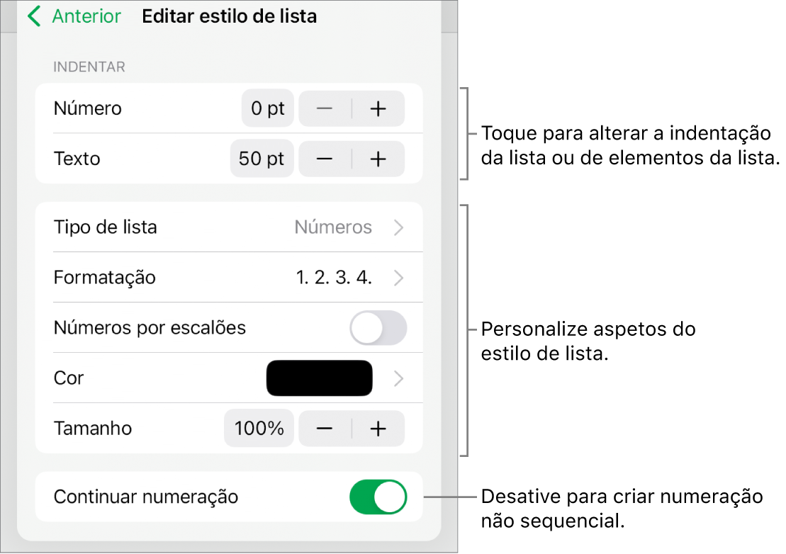 O menu “Editar estilo de lista” com controlos para espaçamento, tipo de lista e formatação, números por escalões, cor e tamanho da lista e numeração contínua.