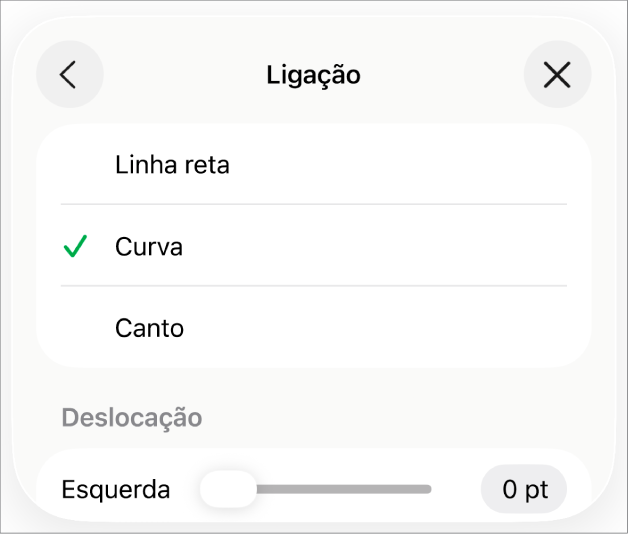 Os controlos de “Ligação” com “Curva” selecionada.