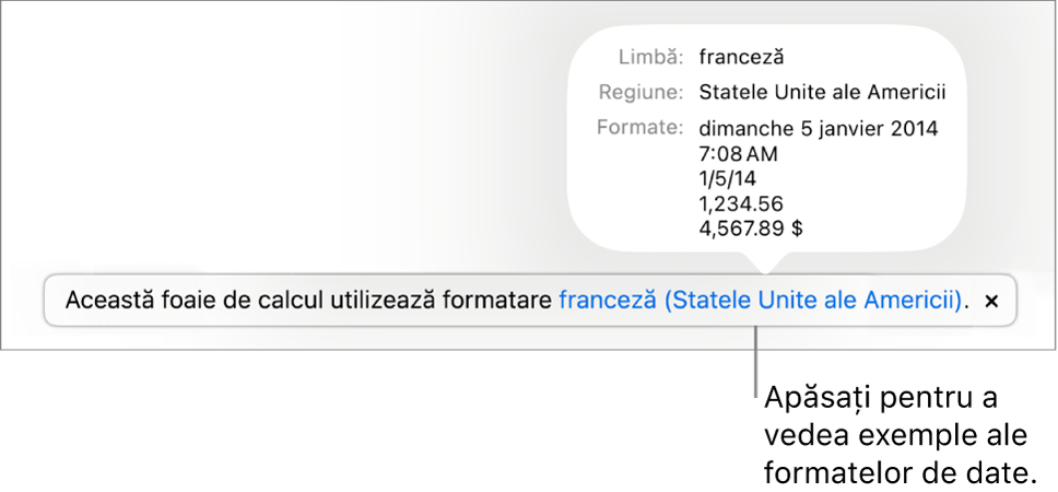 Notificarea privind configurarea limbii și regiunii diferite, afișând exemple de formatare în limba și regiunea respectivă.