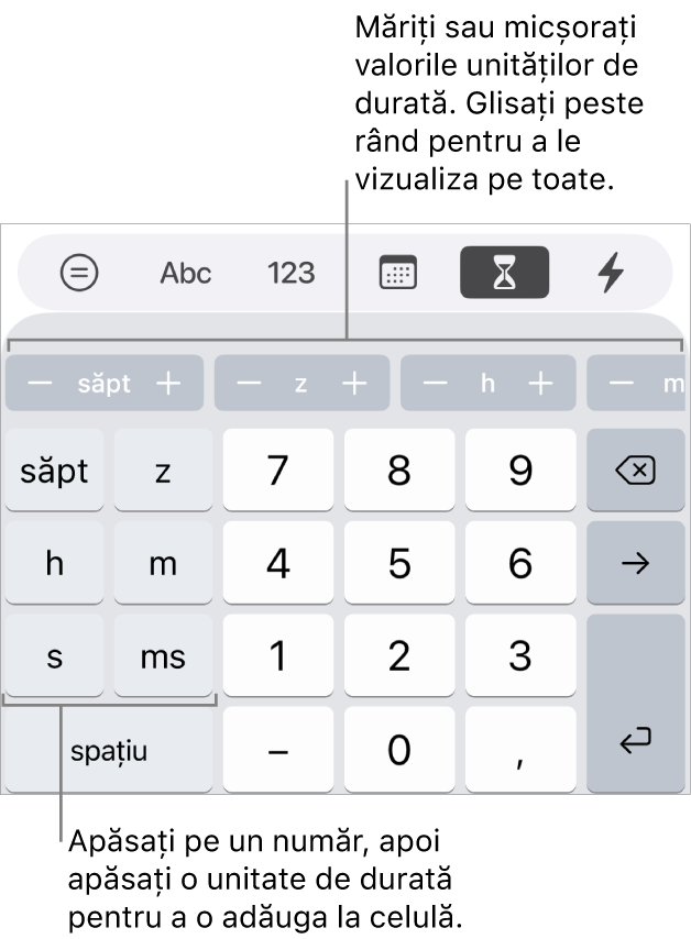 Tastatura durată cu tastele din stânga pentru săptămâni, zile, ore, minute, secunde și milisecunde. În centru sunt tastele numerice. Un rând de butoane din partea de sus afișează unități de timp (săptămâni, zile și ore) pe care le puteți incrementa pentru a schimba valoarea din celulă.