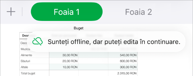 Butoanele din partea de sus a ecranului, cu butonul Colaborare transformat într-un nor traversat de o linie diagonală. Pe ecran apare o alertă „Sunteți offline, dar puteți edita în continuare”.
