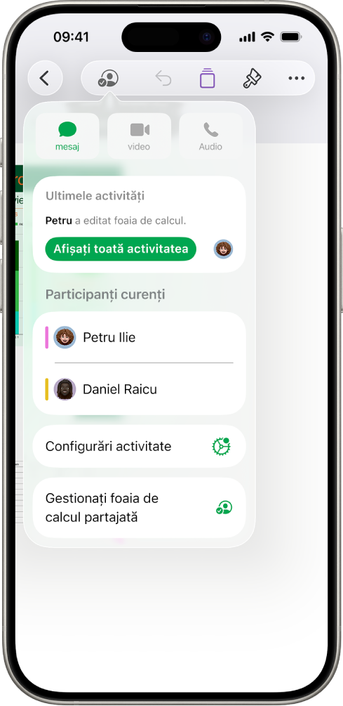 Meniul de colaborare afișând numele persoanelor care colaborează la foaia de calcul.