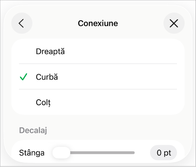 Comenzile Conexiune cu opțiunea Curbă selectată.