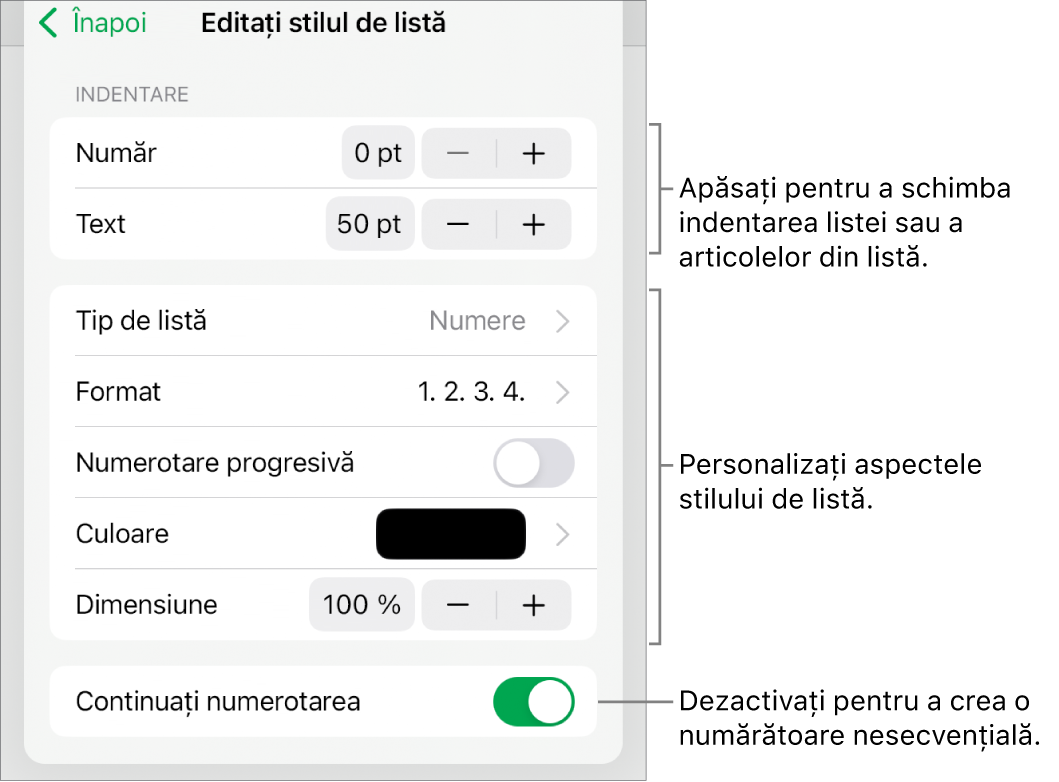 Meniul Editați stilul de listă, cu comenzile pentru spațierea indentărilor, tipurile și formatele de liste, numerotare progresivă, culori și dimensiuni de liste și numerotarea continuă.