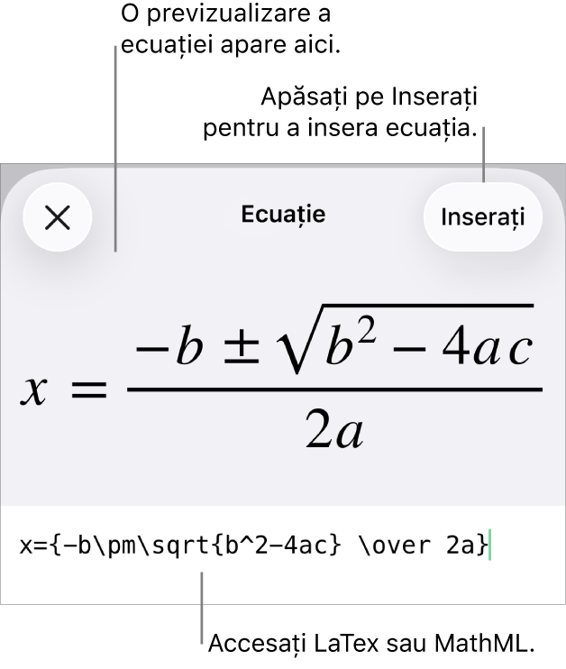 Caseta de dialog Ecuație, afișând o ecuație scrisă cu ajutorul comenzilor MathML și, deasupra, o previzualizare a formulei.
