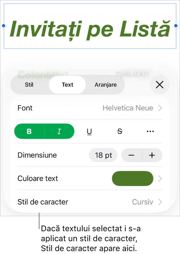 Comenzile de formatare Text cu Stil de caracter sub comenzile Culoare. Stilul de caracter Nimic apare cu un asterisc.