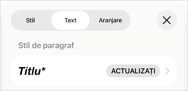 Un stil de paragraf cu un asterisc lângă el și un buton Actualizați în partea dreaptă.