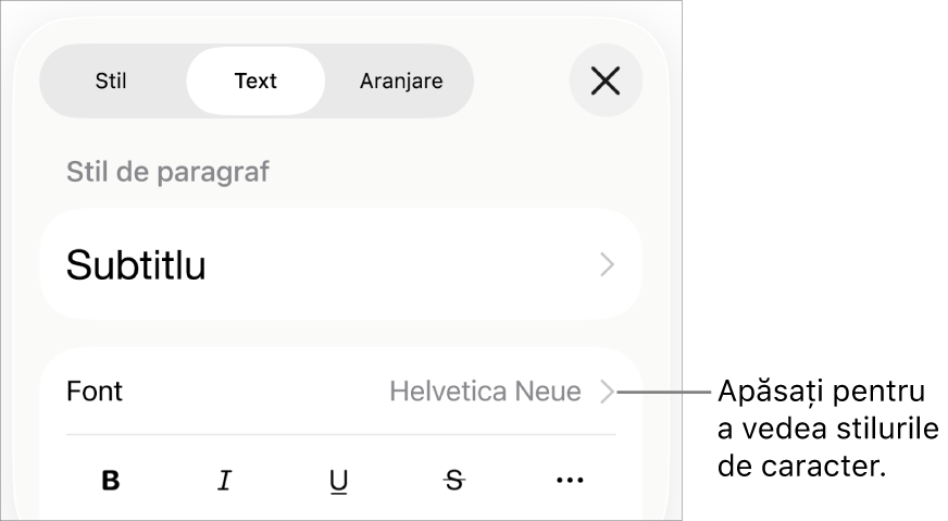 Comenzile Format cu stilurile de paragraf în partea de sus, apoi comenzile Font. Sub Font se află butoanele Aldin, Cursiv, Subliniat, Tăiat cu o linie și Alte opțiuni de text.