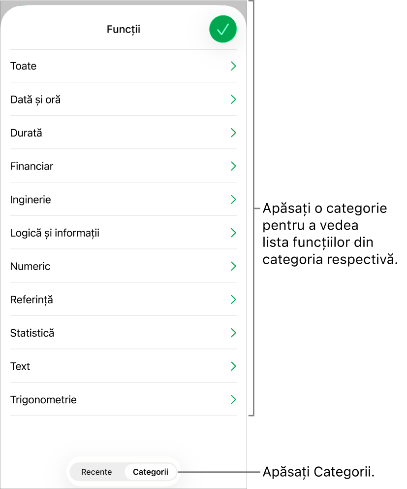 Browserul de funcții cu butonul Categorii selectat și lista categoriilor mai jos.
