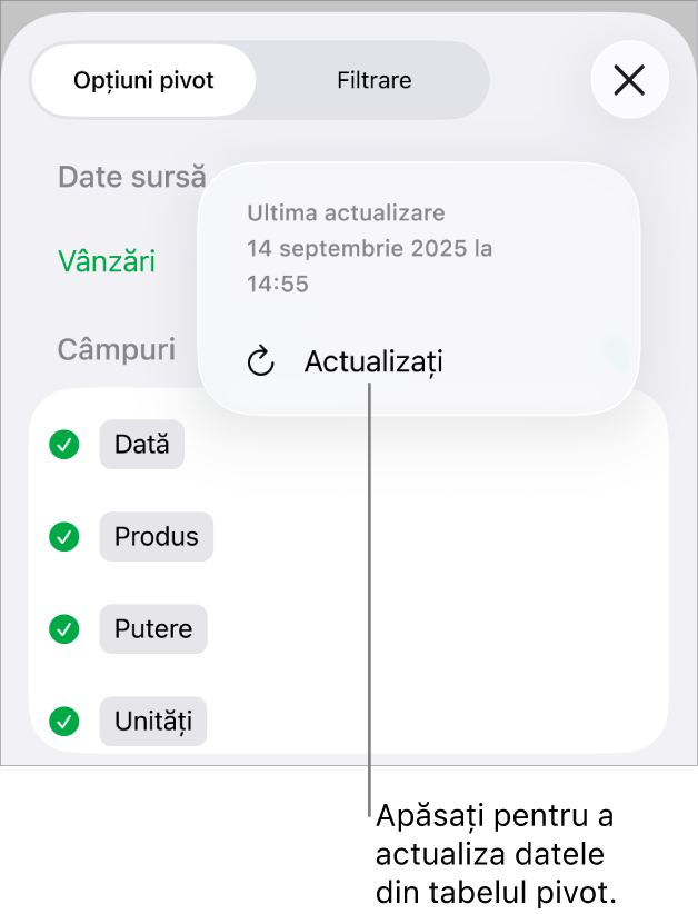 Meniul Opțiuni pivot afișând opțiunea de reîmprospătare a tabelului pivot.