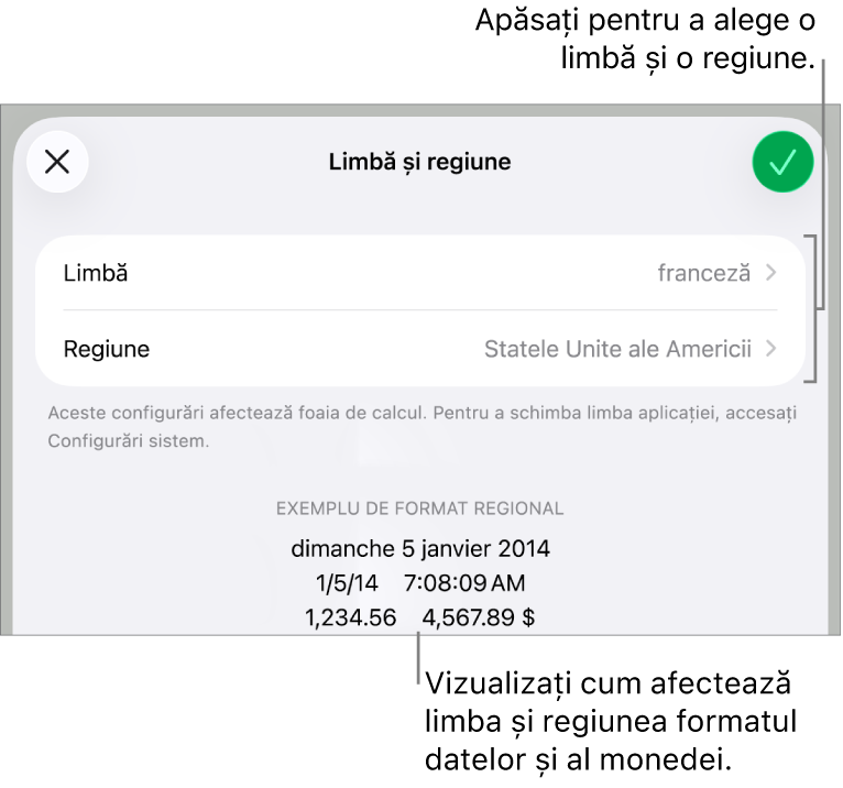Panoul Limbă și regiune, cu comenzile pentru limbă și regiune și un exemplu de format, inclusiv data, ora, zecimale și valuta.